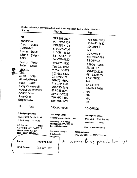 WICR Telephone Listing of Staff Note David Krubinski and Masrk Marsch listed on sheet. 